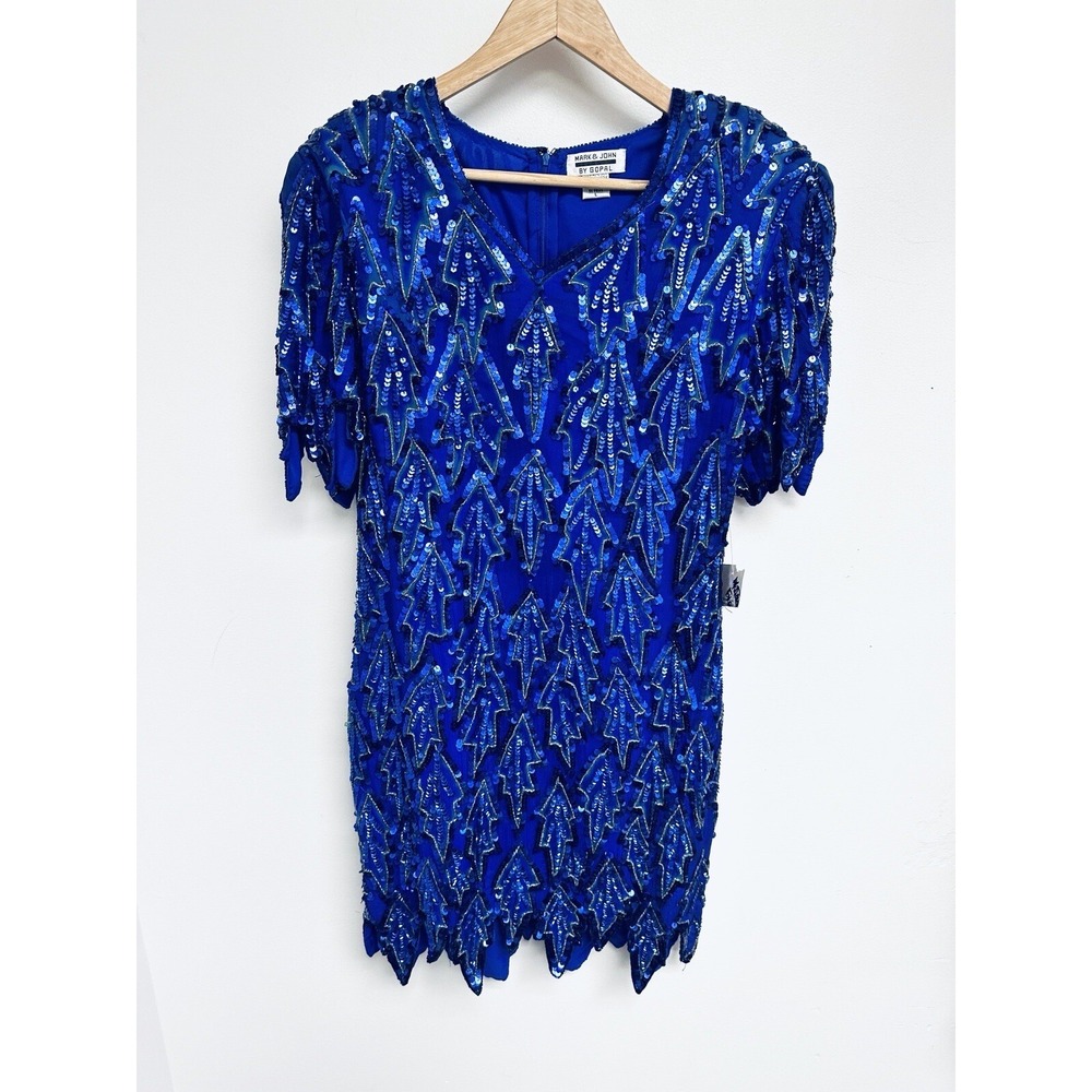 Vtg Mark & John by Gopal Dress Womens L 100% Silk Blue Allover Sequin Beaded NWT